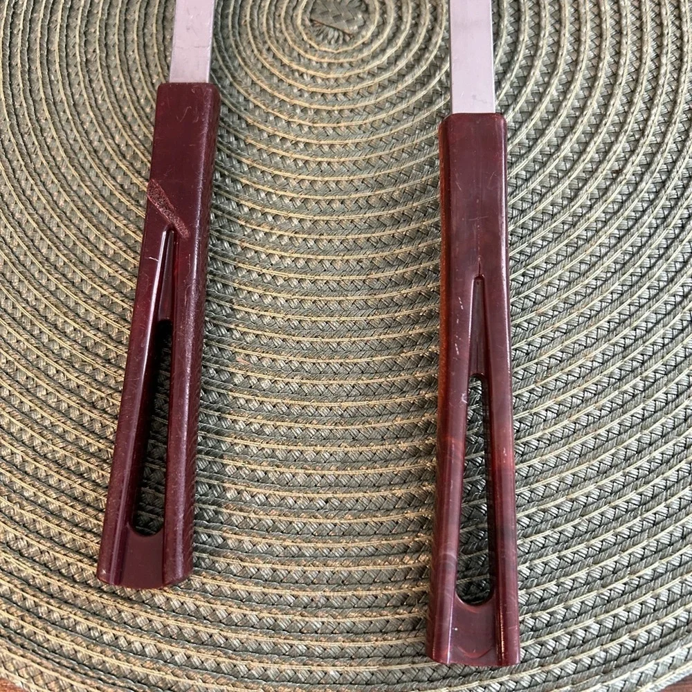 2 Vintage Stanhome Stainless Spoons 1 Slotted Teardrop 1 Regular Brown Handles.